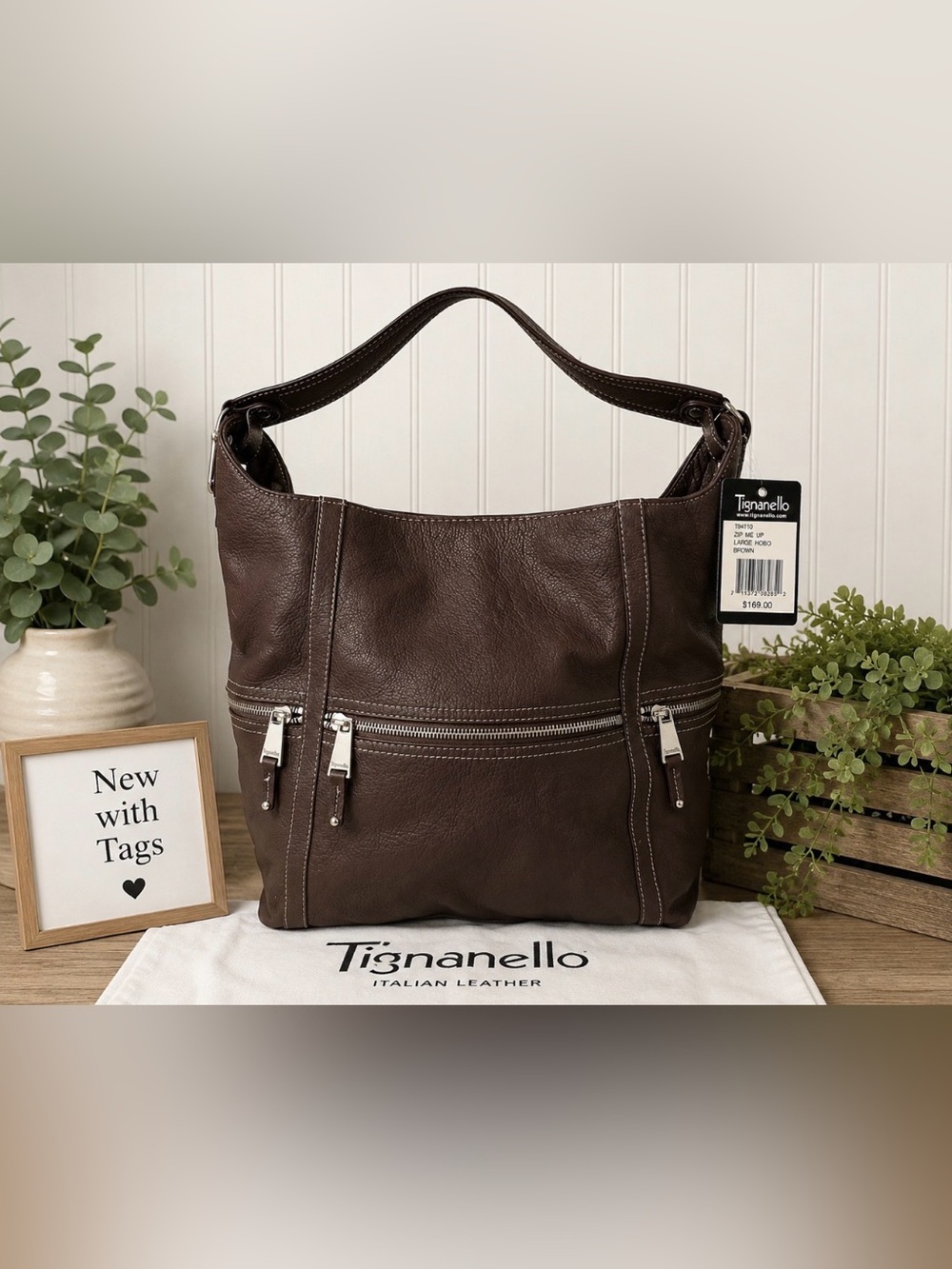 Tignanello Zip Me Up Large Hobo Bag Brown Leather NWT $169 T94110